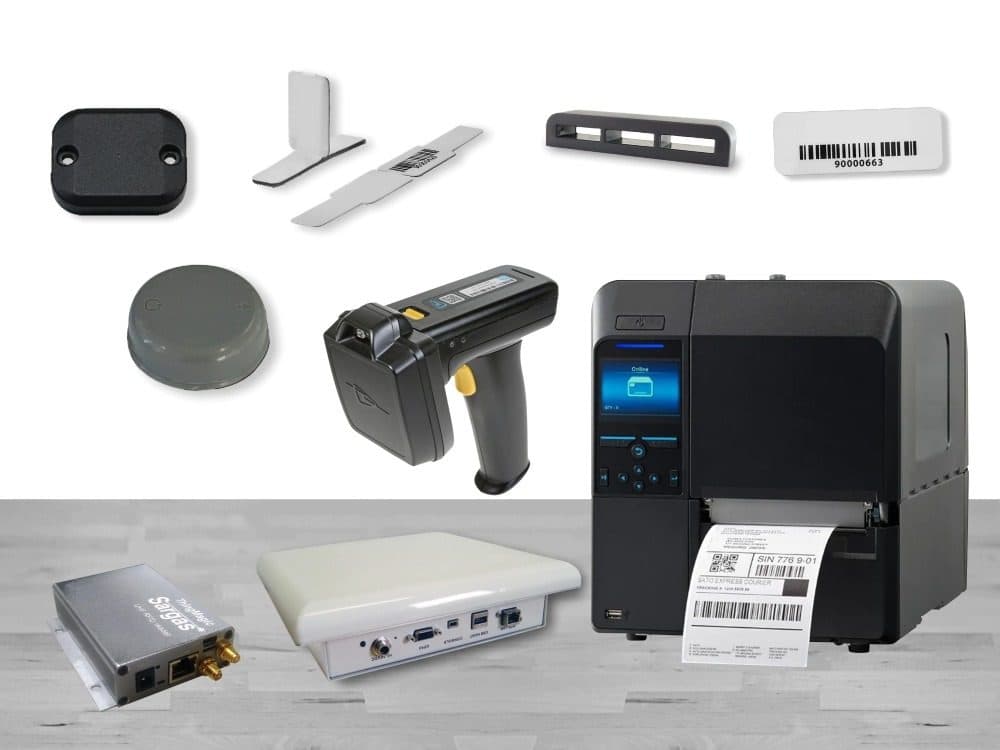 Conjunto de hardware RFID: leitor de mão, antenas, impressora de etiquetas e tags