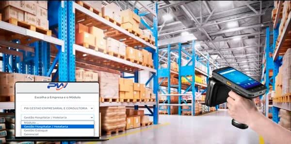 Leitor RFID lendo itens em prateleiras, com a tela de inventário do sistema