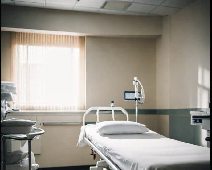 Leito hospitalar preparado, com enxoval branco