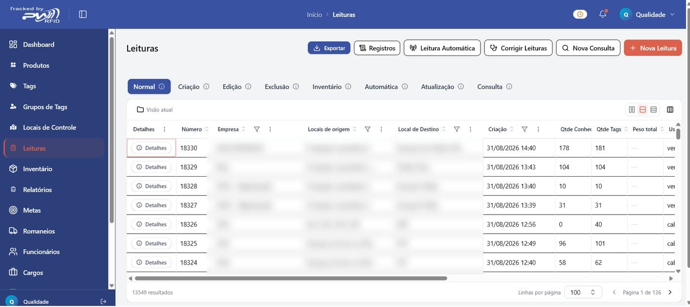 Tela de leituras com quantidade esperada e quantidade lida por remessa